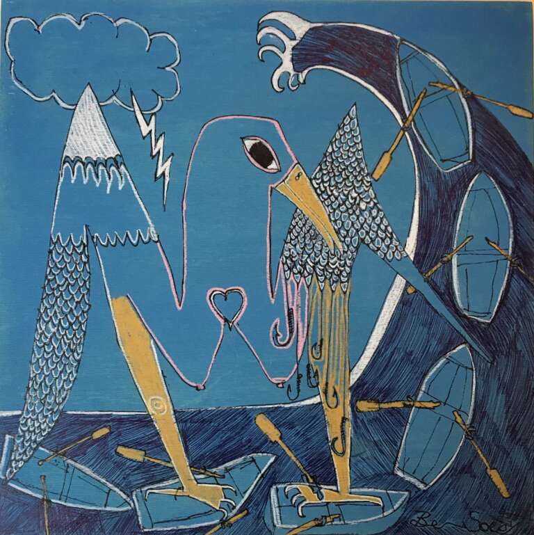 Blue Bird paint by Ben Soeby Blue bird standing on boats on a big wave