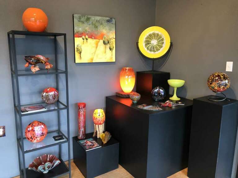 Glass art displayed in gallery, Lincoln City Glass Center